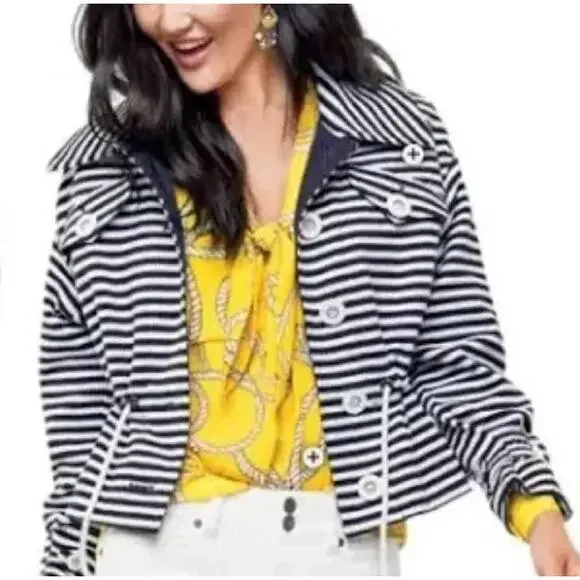 CAbi #5654 Women Medium Blue/White Nautical Striped Harbor Jacket Drawstring S - Picture 3 of 13